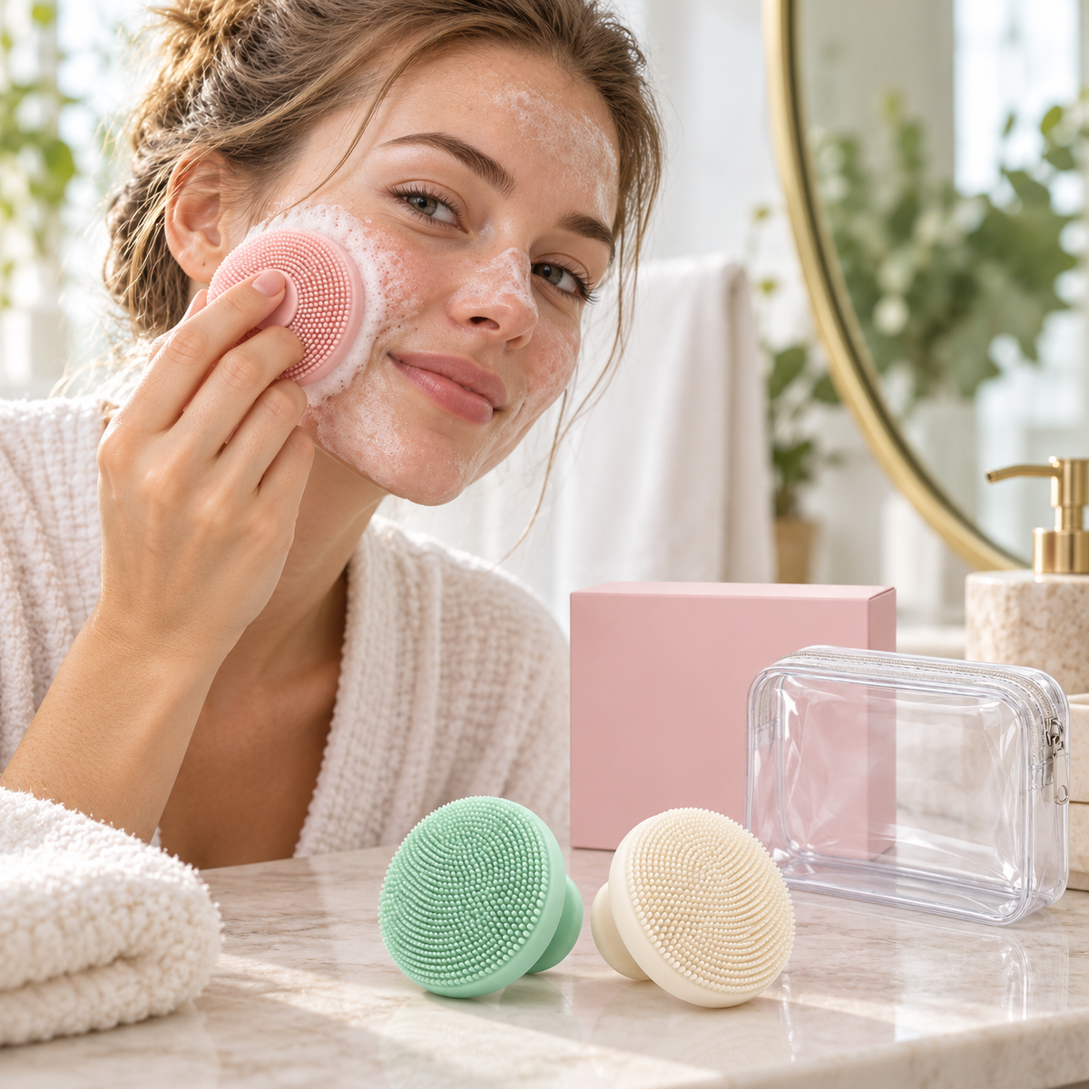 Woman using pink cleansing pad in bright bathroom