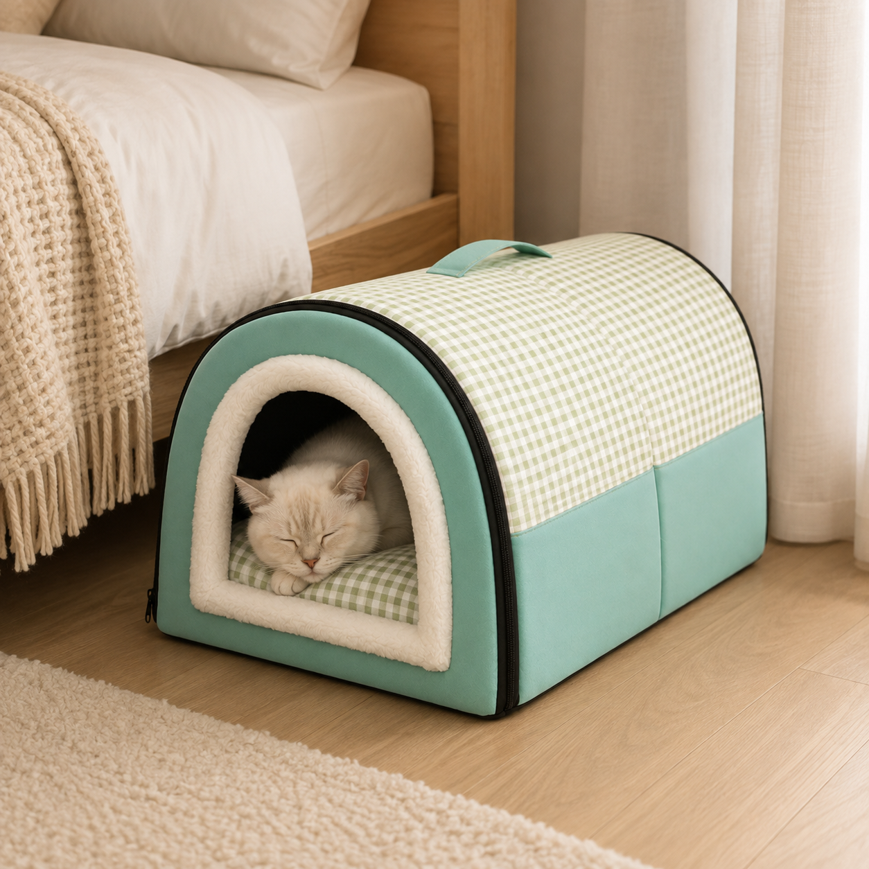 🌿 Cozy Pet Haven | Soft Padded Fabric | Indoor Rest | Pet Parent Gift | Fresh Gingham Charm