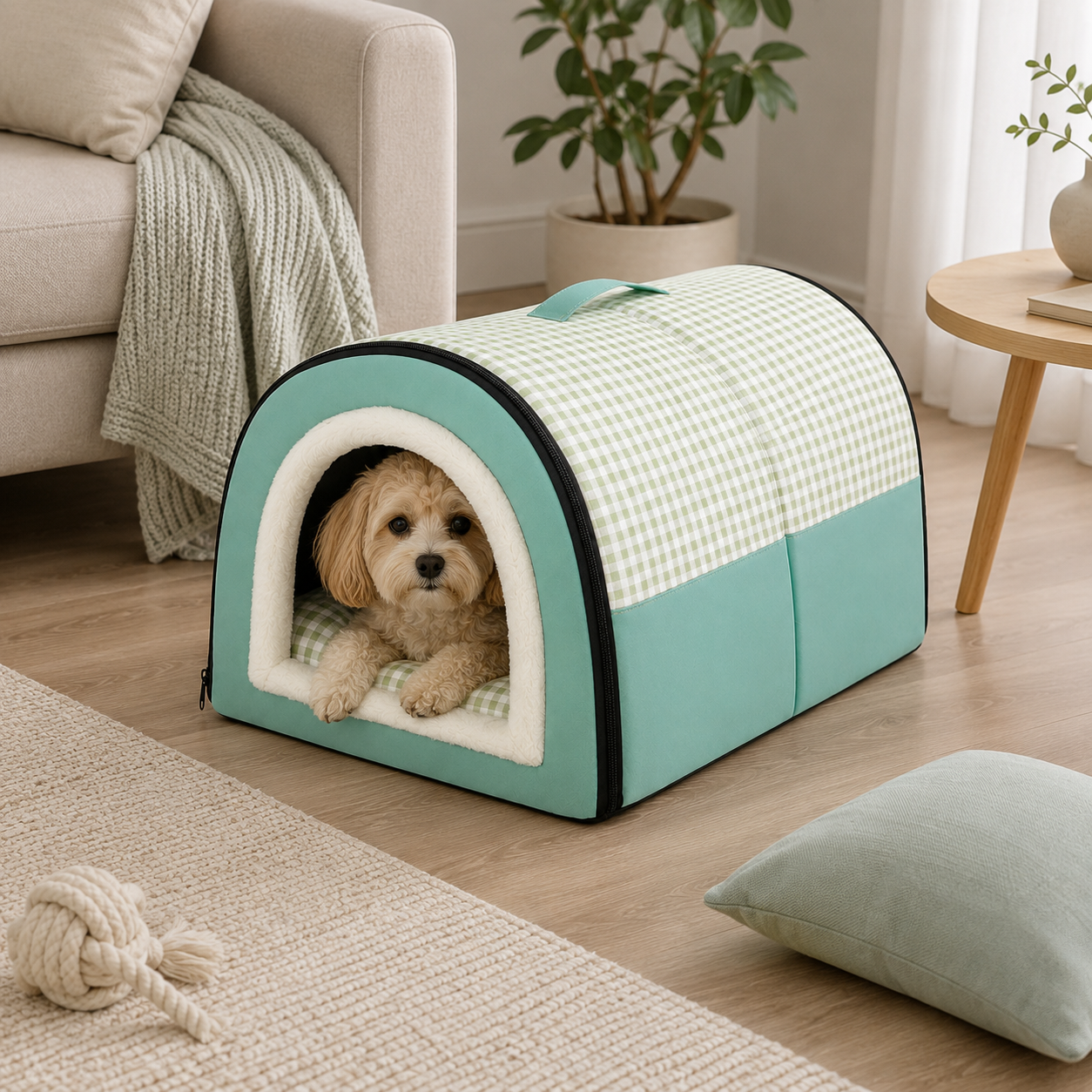 🌿 Cozy Pet Haven | Soft Padded Fabric | Indoor Rest | Pet Parent Gift | Fresh Gingham Charm