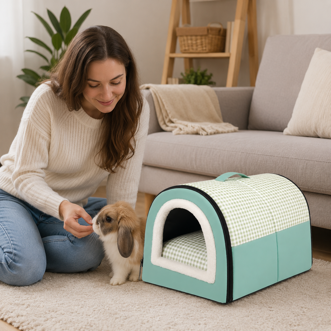 🌿 Cozy Pet Haven | Soft Padded Fabric | Indoor Rest | Pet Parent Gift | Fresh Gingham Charm