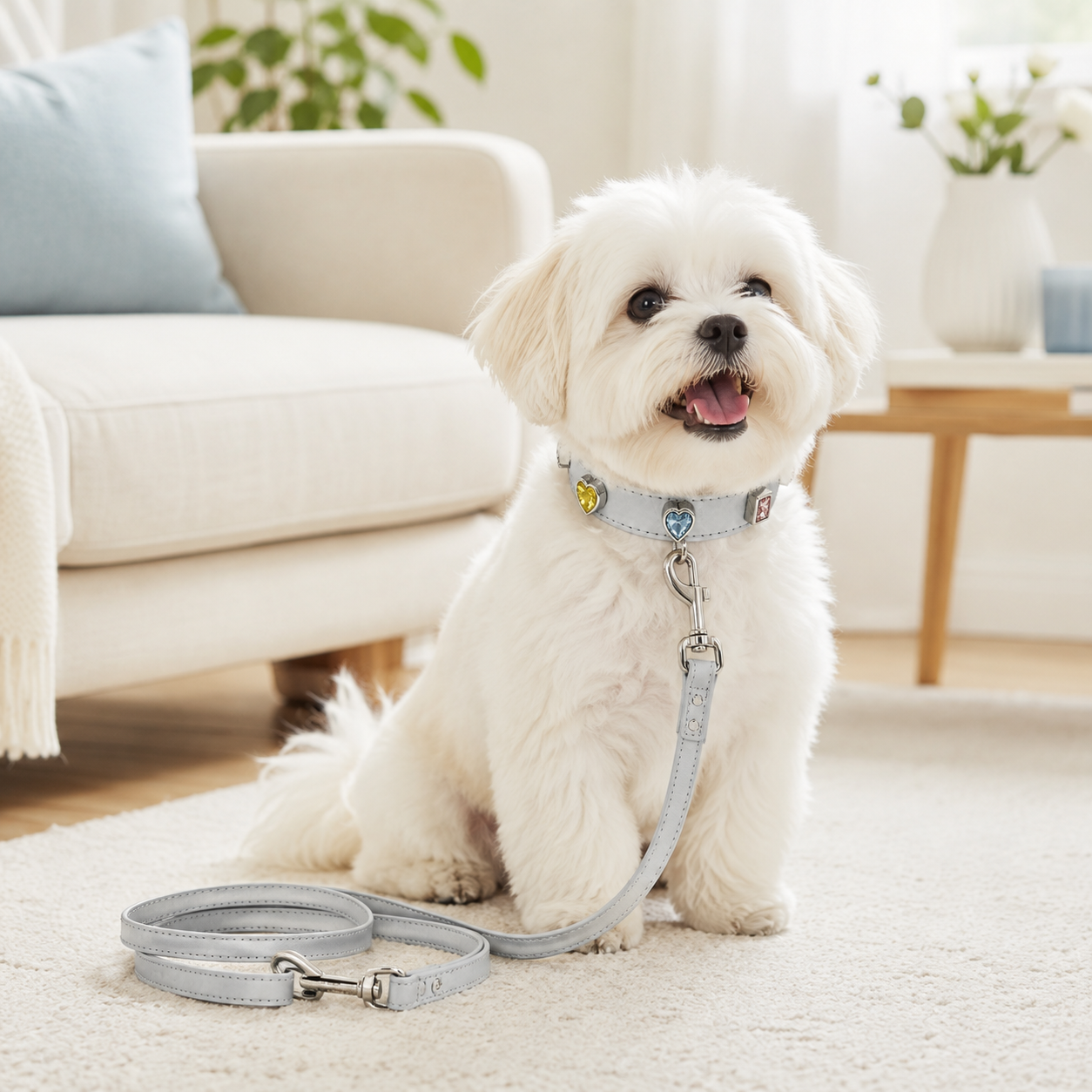 🤍 Luxury Pet Leash | Soft Leather Finish | Daily Walks | Pet Lover Gift | Crystal Heart Details