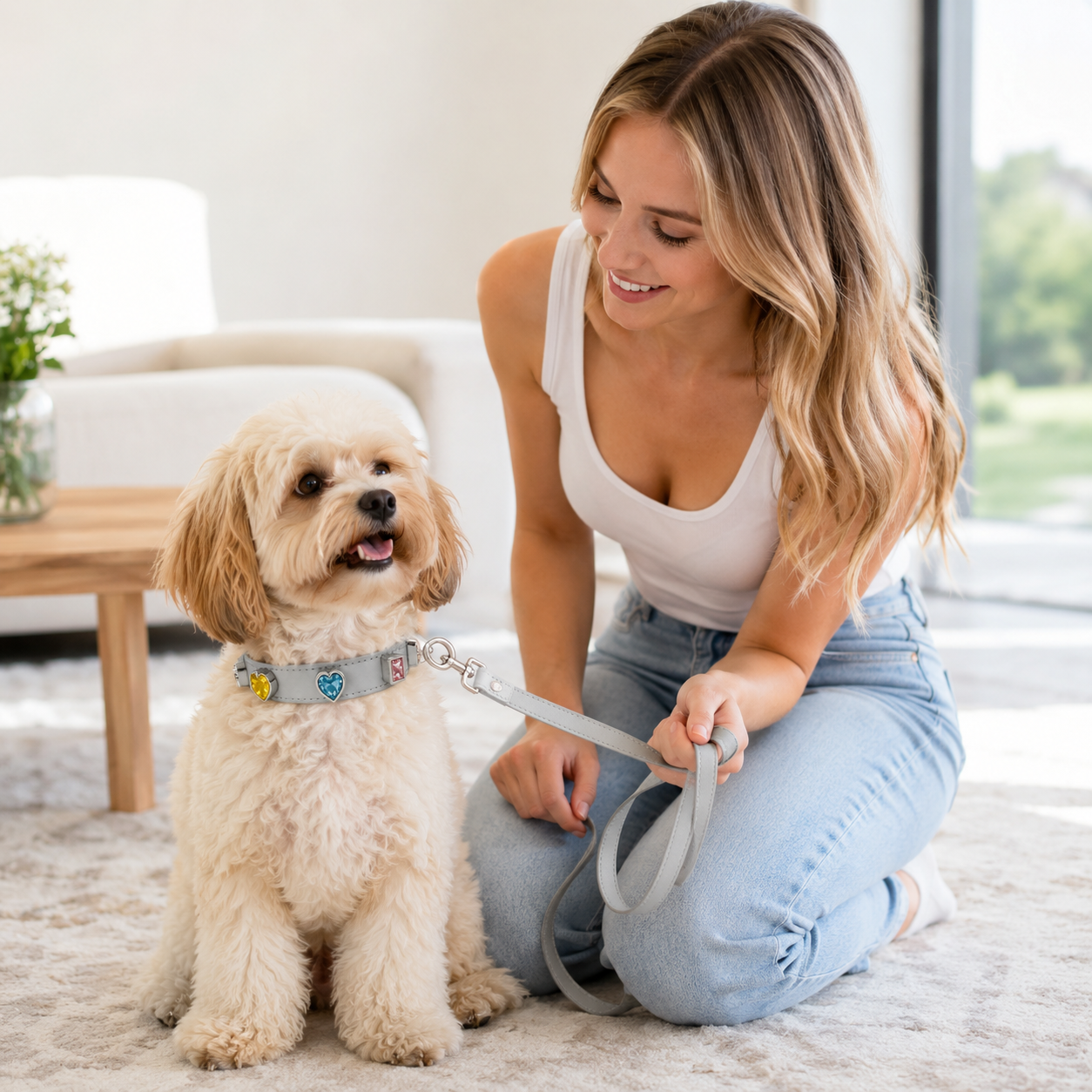 🤍 Luxury Pet Leash | Soft Leather Finish | Daily Walks | Pet Lover Gift | Crystal Heart Details