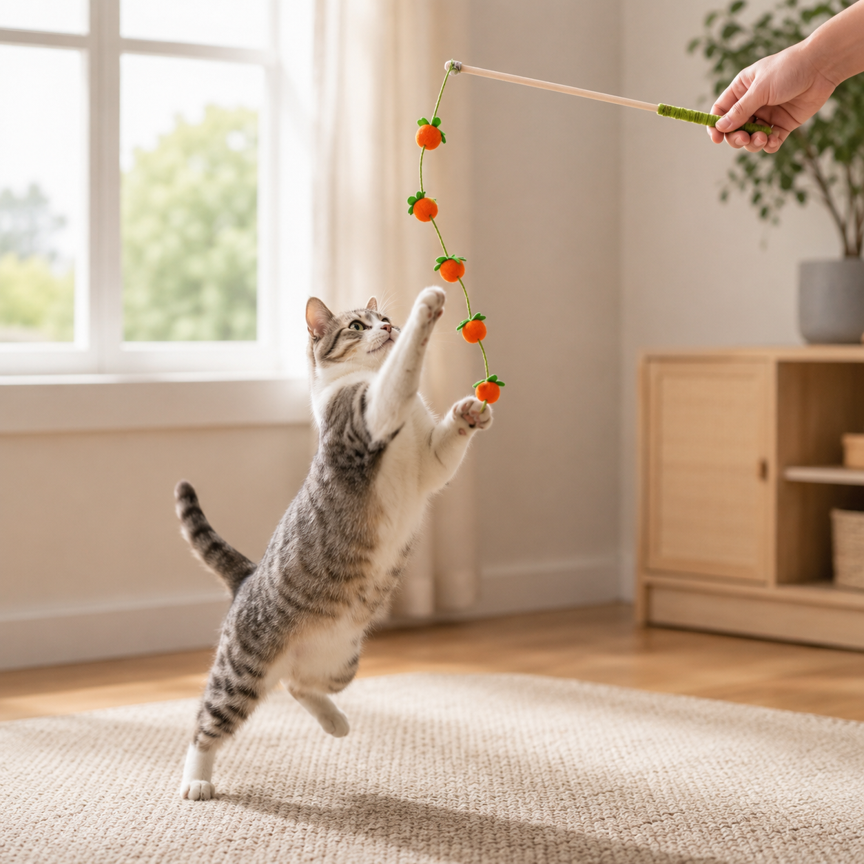 🥕 Interactive Cat Toy | Wood & Plush | Indoor Play | Cat Lover Gift | Carrot Charm Design