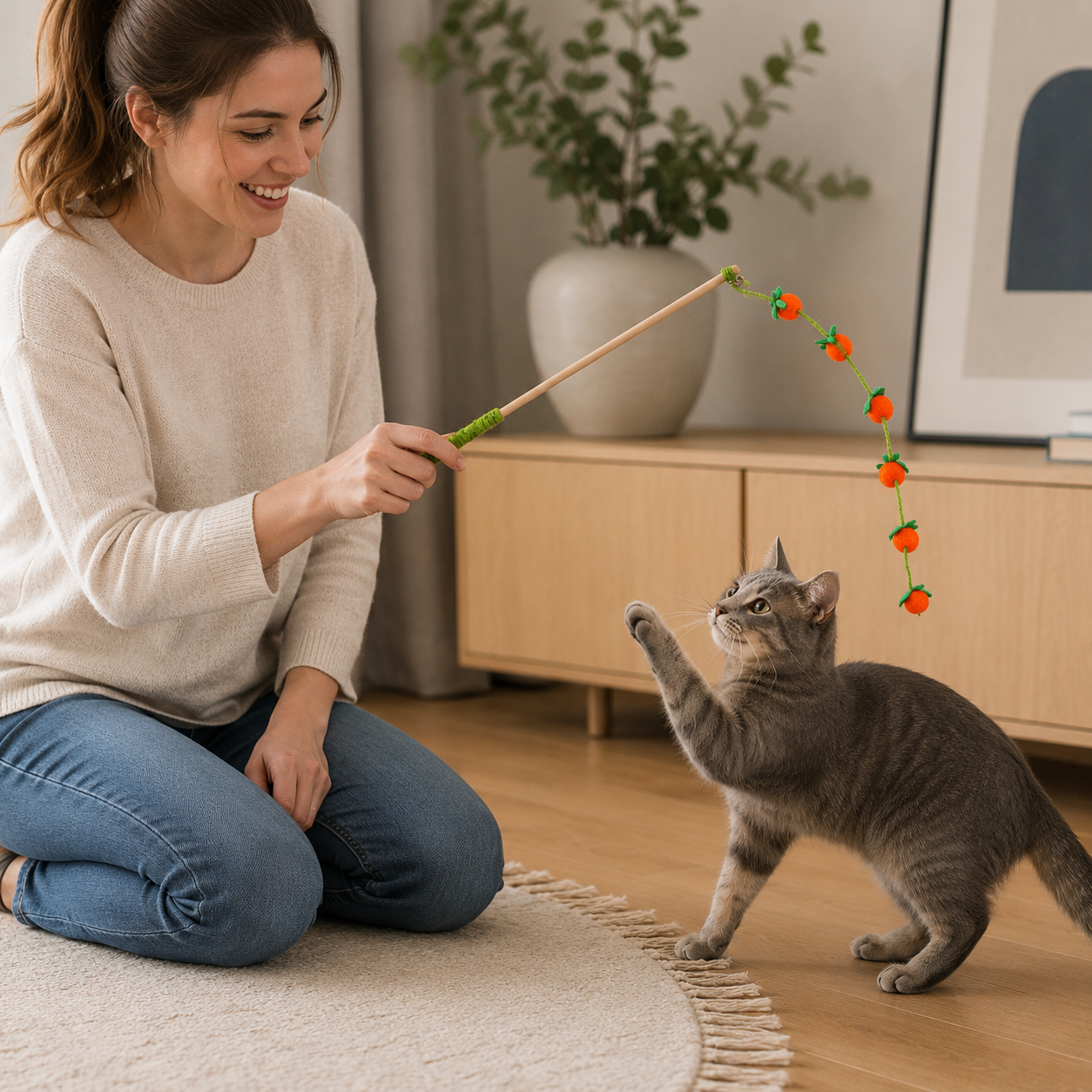 🥕 Interactive Cat Toy | Wood & Plush | Indoor Play | Cat Lover Gift | Carrot Charm Design