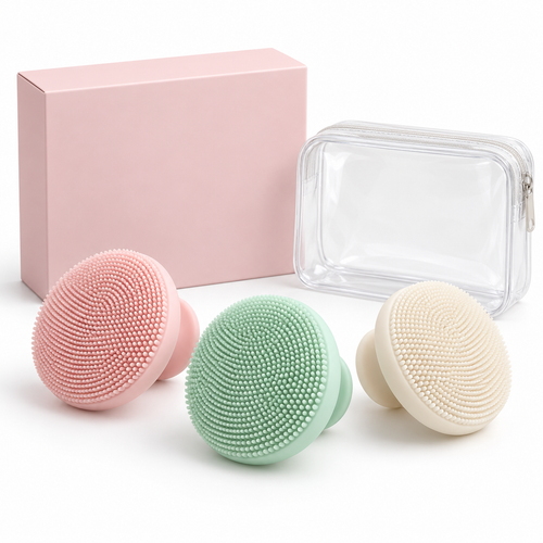 White background blush pink mint and ivory cleansing pad trio with unbranded carton and clear pouch