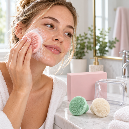 Woman cleansing cheek with pink silicone pad