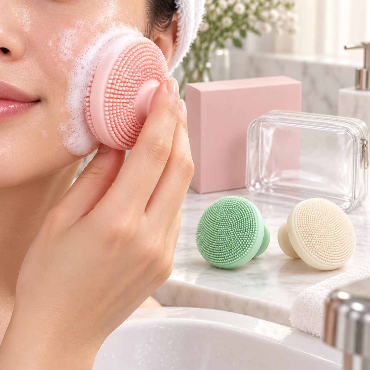 Close-up model using facial cleansing pad