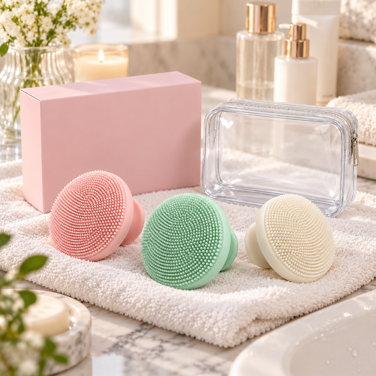 Three pastel cleansing pads beside towel