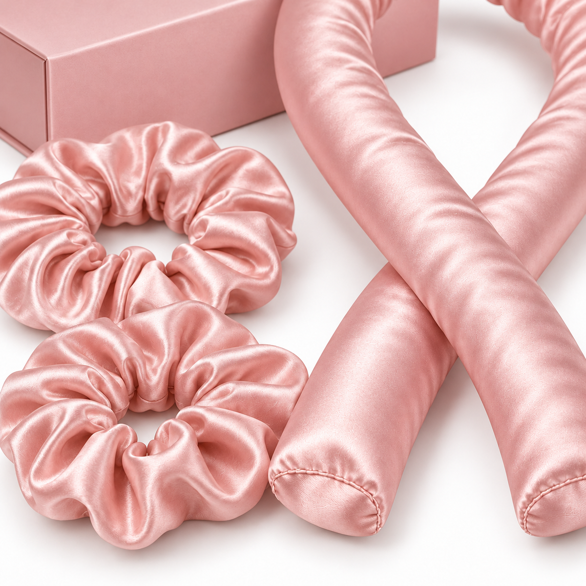 Macro close up of pink satin stitching and scrunchies