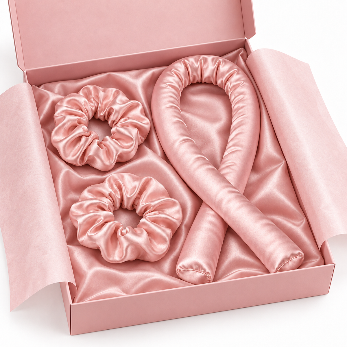 Pink curling set arranged inside box