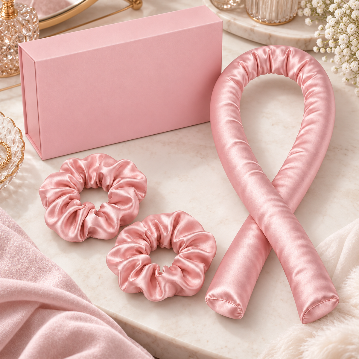 Pink curling ribbon on vanity