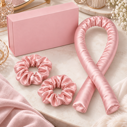 Pink curling ribbon on vanity
