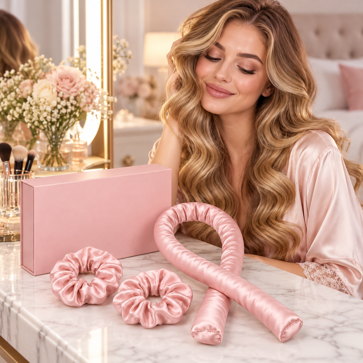 Woman with styled hair and curling accessories