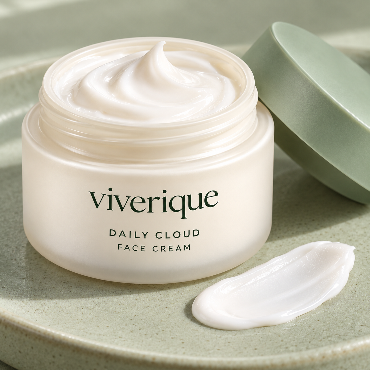 Close-up of cream texture and open ivory jar