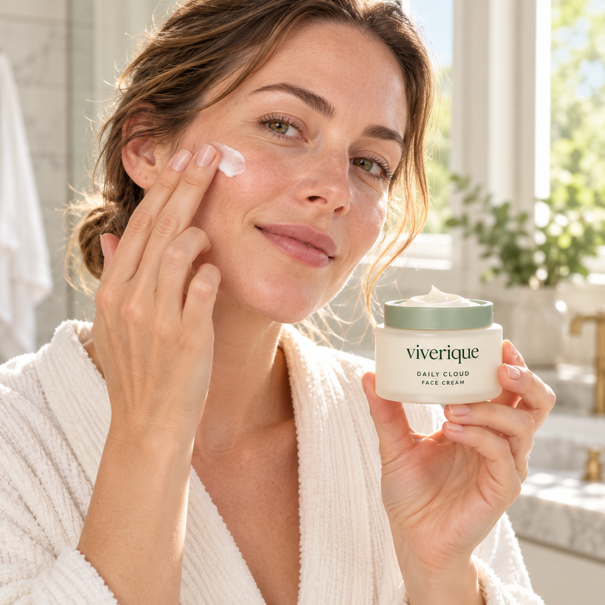 Illustrative morning moisturizer application by adult model