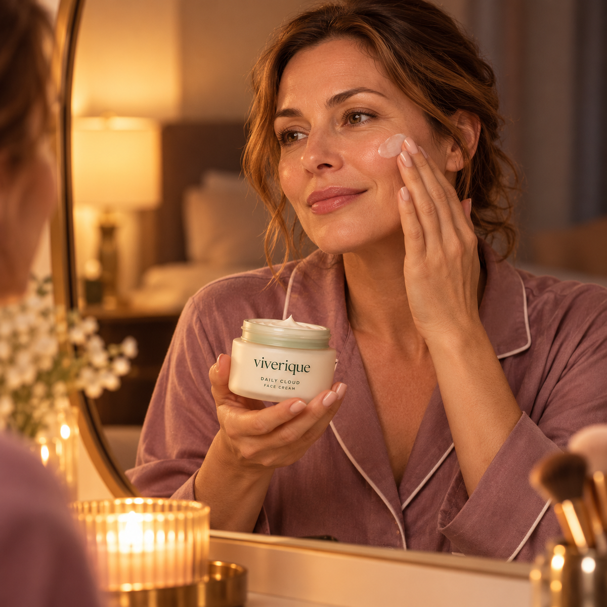 Illustrative evening skincare application at vanity