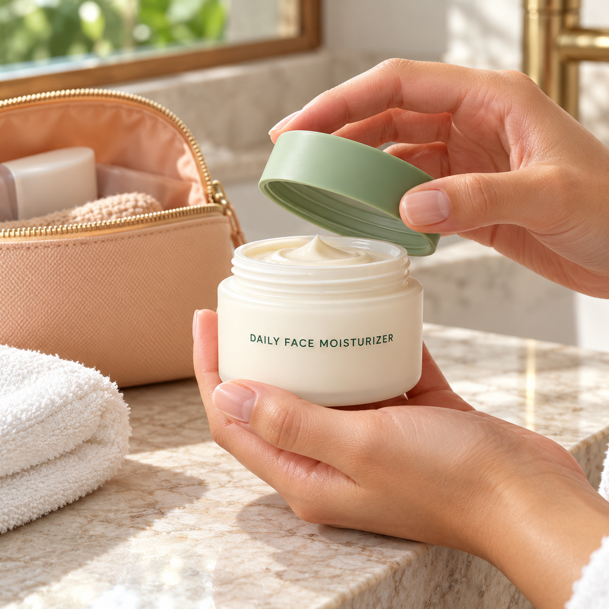 Illustrative travel skincare routine in hotel bathroom