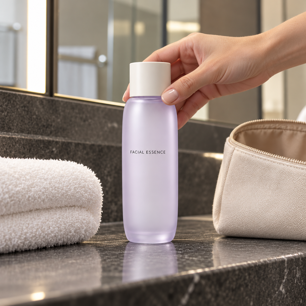 Travel vanity essence routine concept