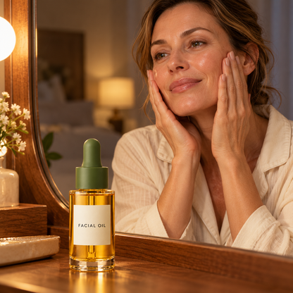 Adult evening facial oil application concept
