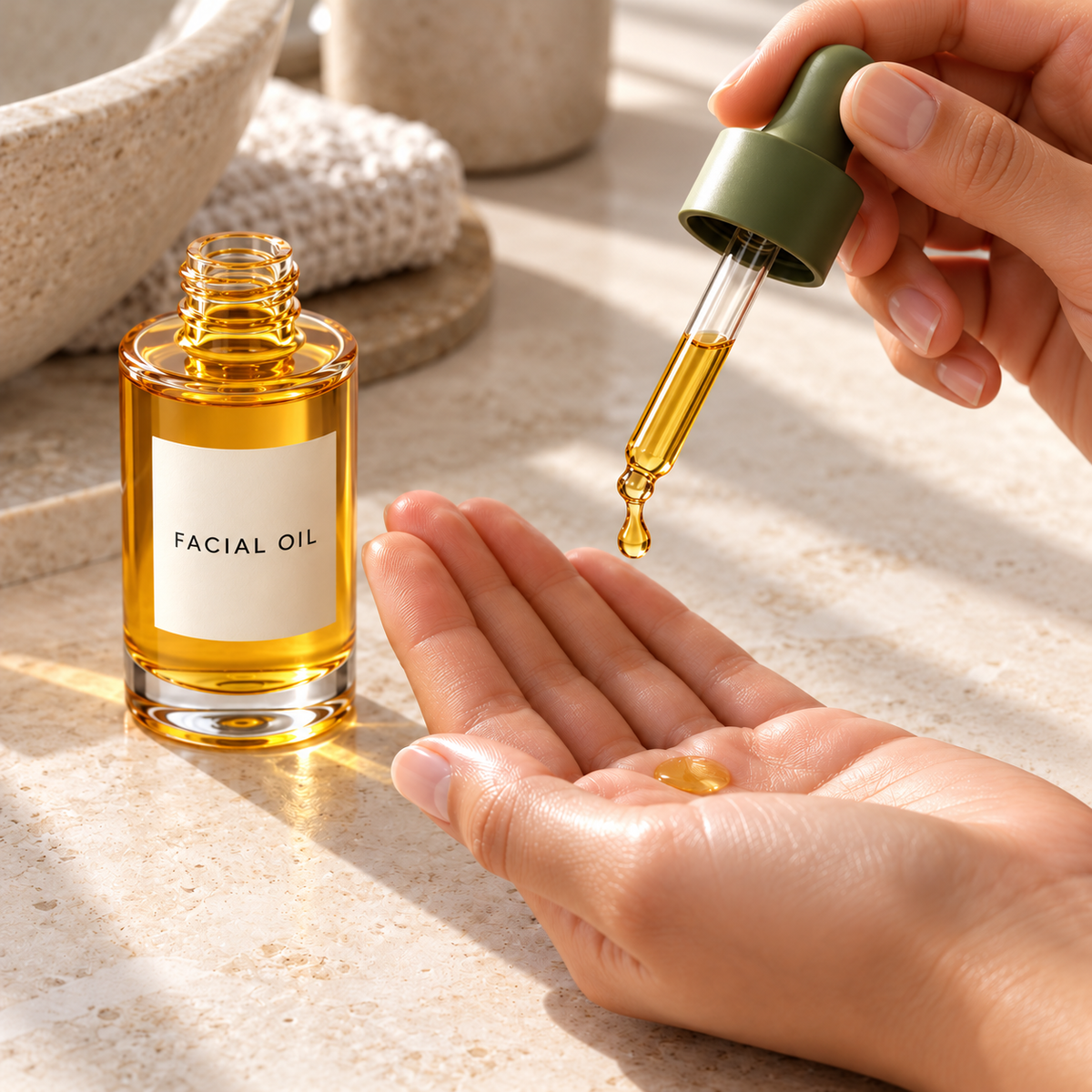 Facial oil drop into palm concept