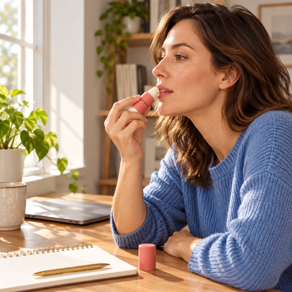 Desk break lip balm use concept