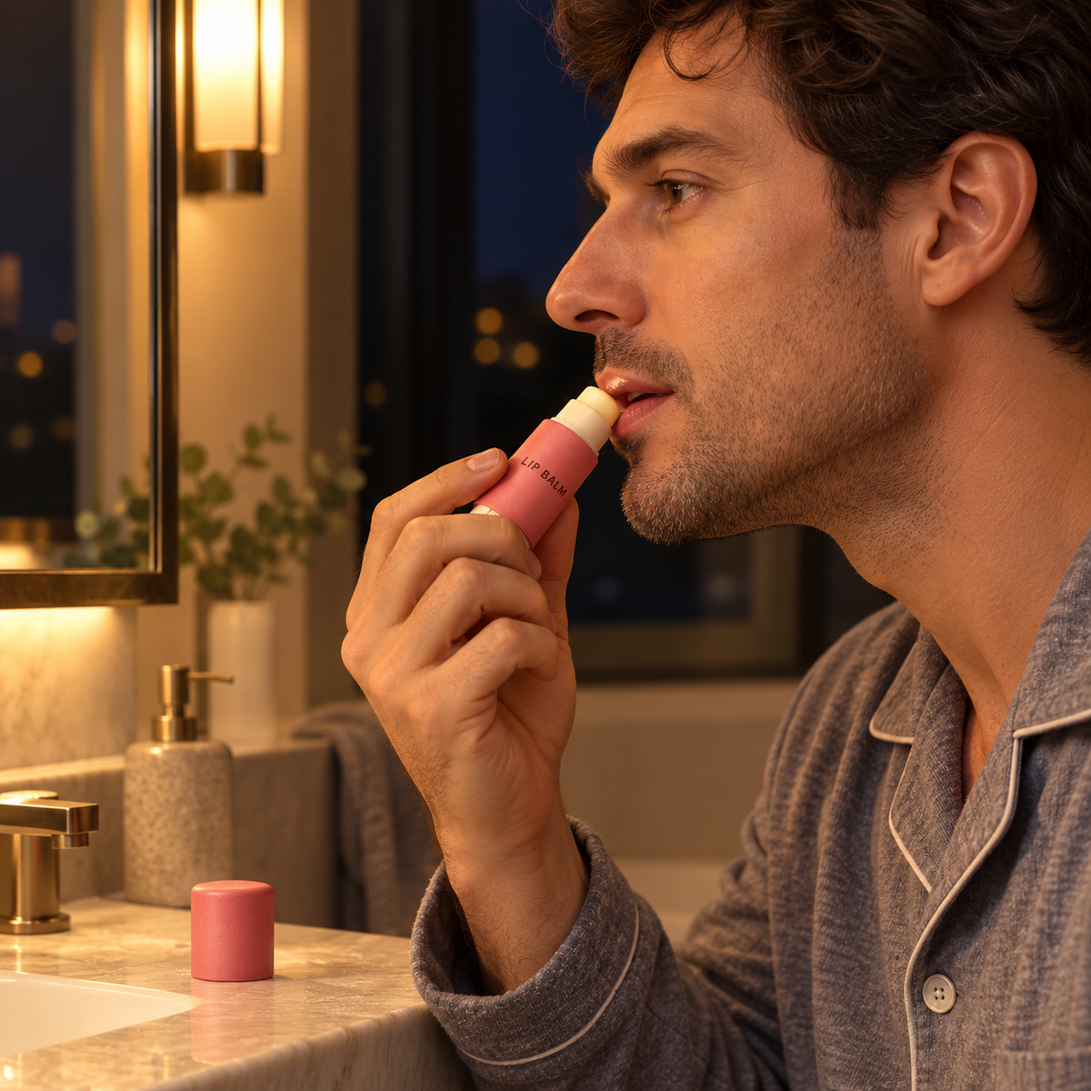 Evening lip balm use concept
