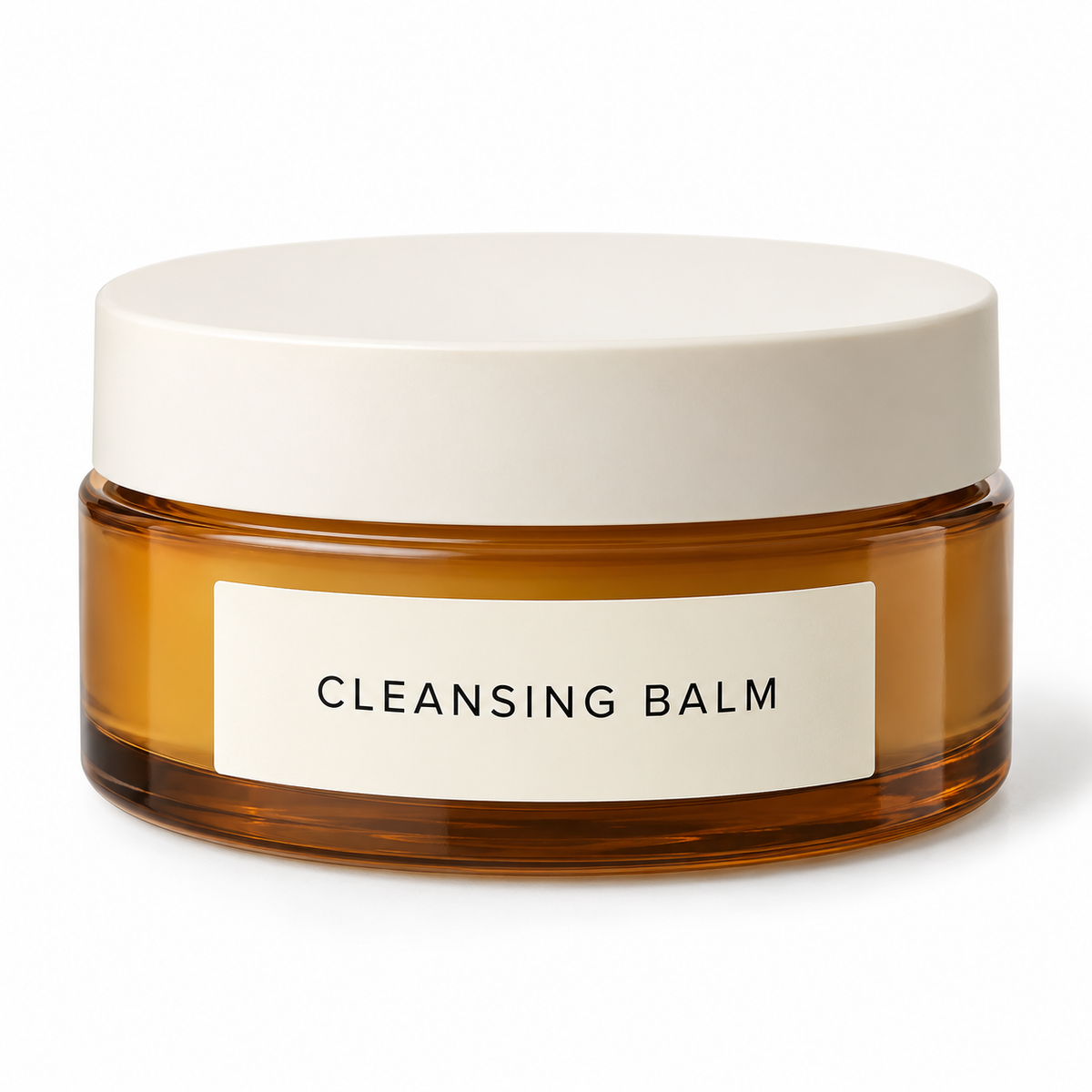 Unbranded cleansing balm concept in amber jar on white
