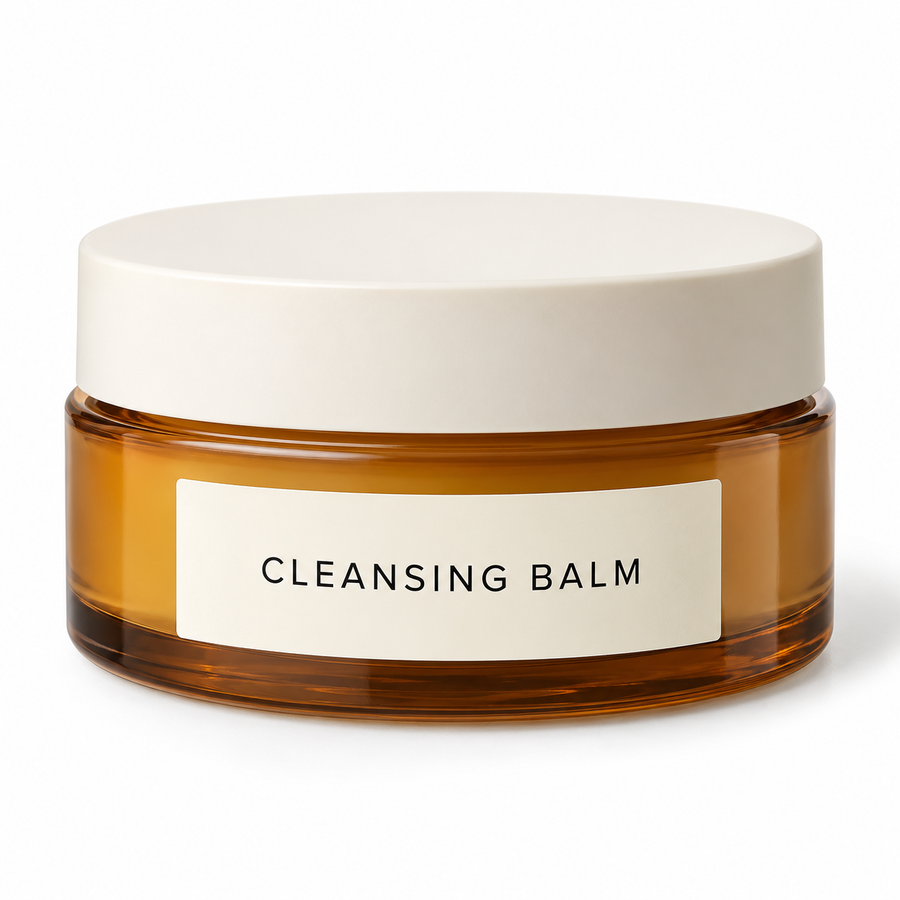 Unbranded cleansing balm concept in amber jar on white