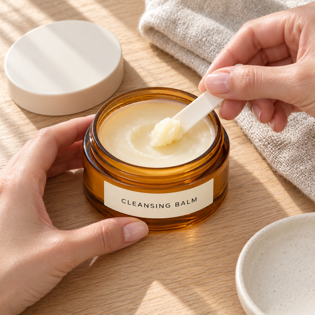 Clean spatula scooping balm at dressing table