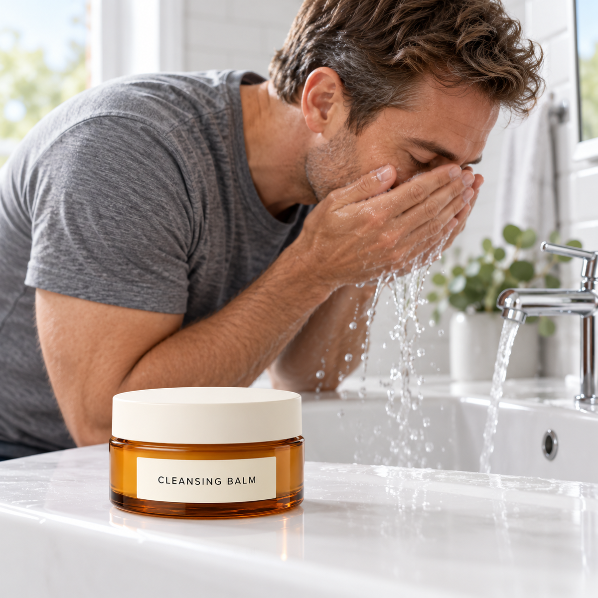 AI-generated adult model rinsing face at sink