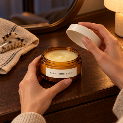 Opening cleansing balm at evening dressing table