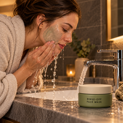 AI-generated adult model rinsing mask at evening basin