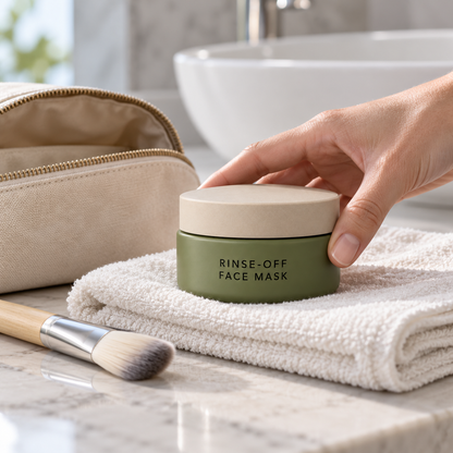 Mask preparation at hotel vanity