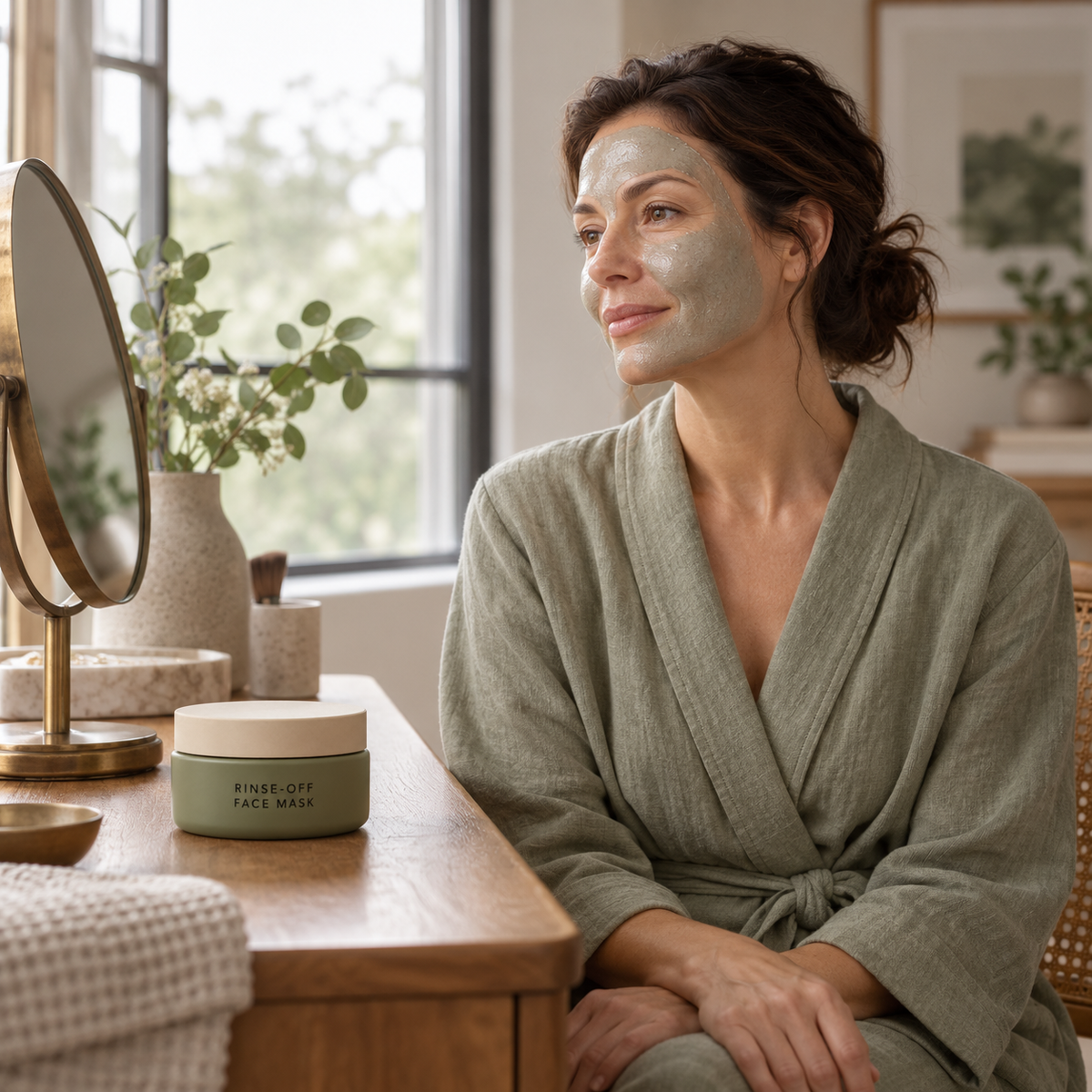 AI-generated adult model during quiet at-home mask routine