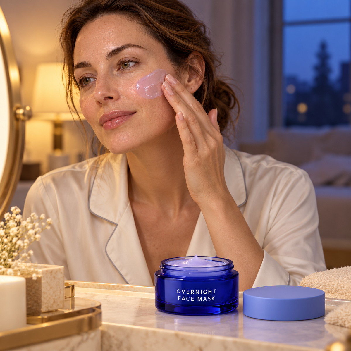 AI-generated adult model applying bedtime mask