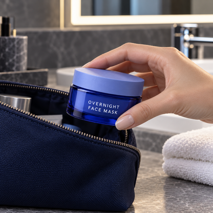 Travel bedtime mask preparation at hotel vanity