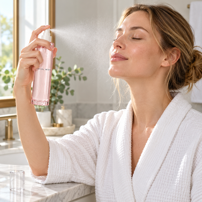 AI-generated adult model using mist at morning vanity