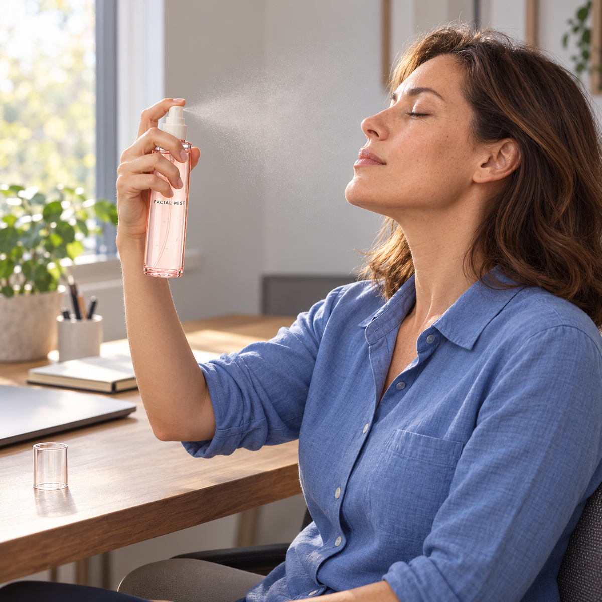AI-generated adult model during desk-side mist routine