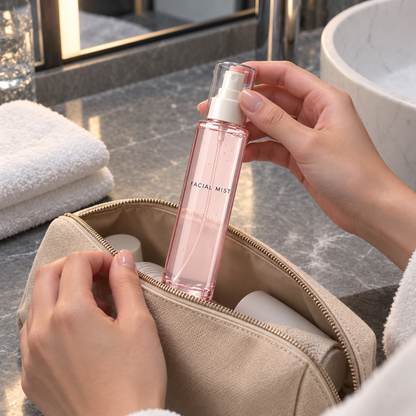 Facial mist travel preparation at hotel vanity