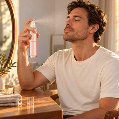 AI-generated adult model using mist at weekend dressing table