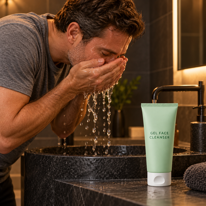 AI-generated adult model rinsing face in evening