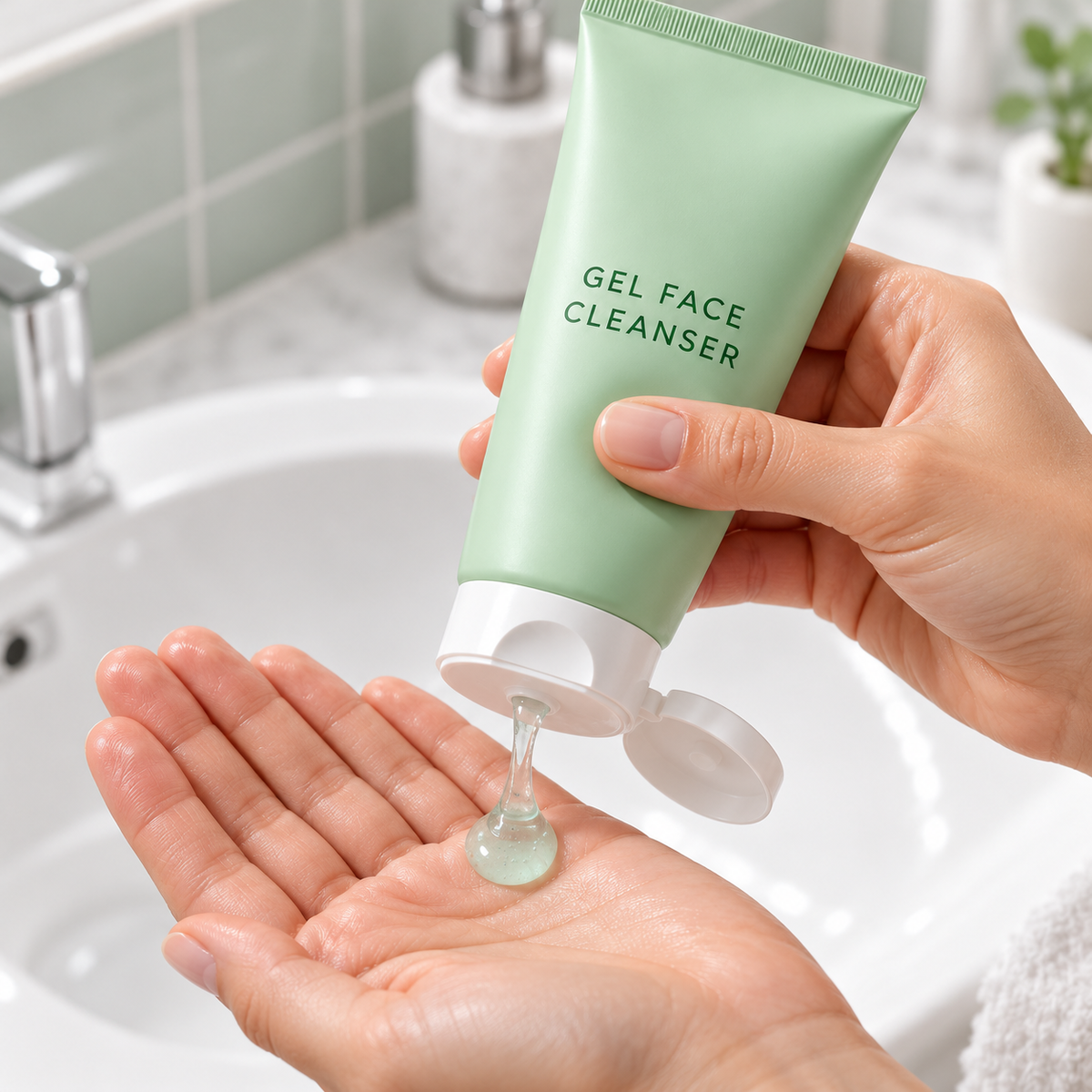 Clean hands dispensing gel cleanser into palm