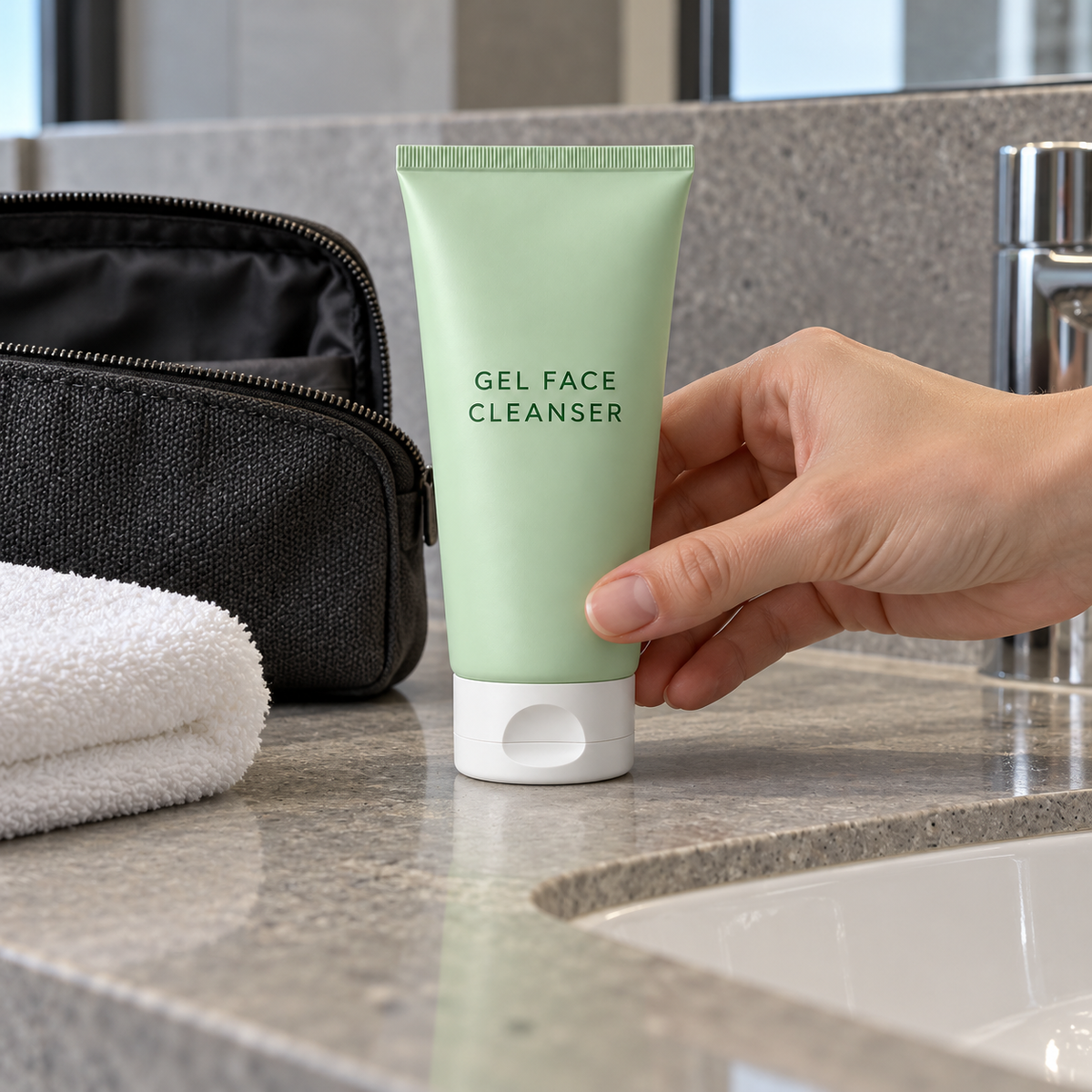 Gel cleanser travel preparation beside hotel sink