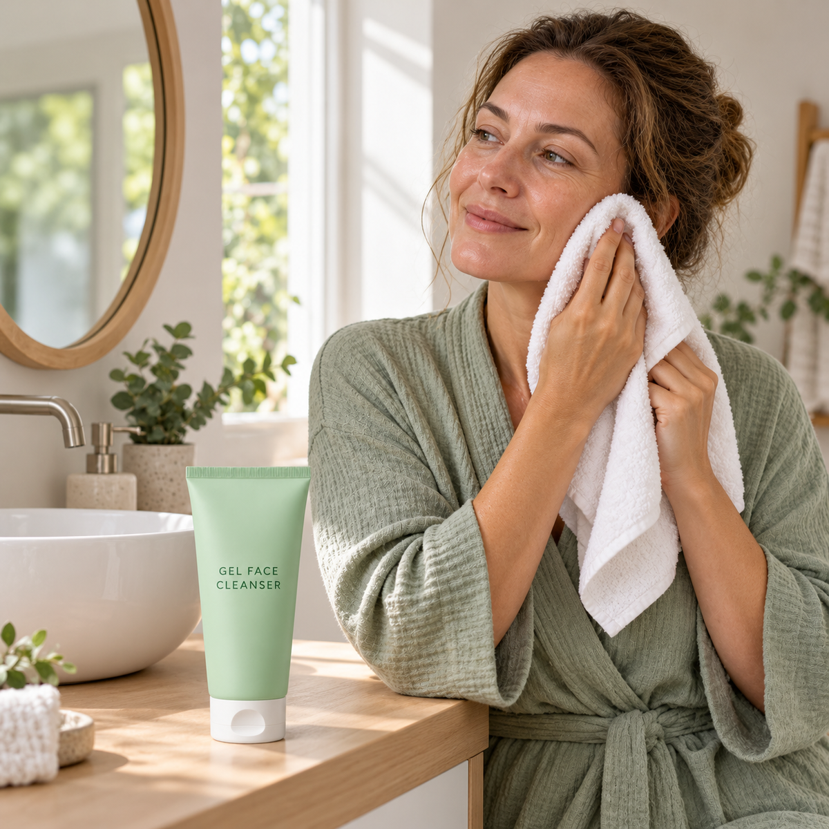 AI-generated adult model patting face with clean towel