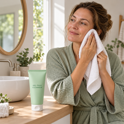 AI-generated adult model patting face with clean towel