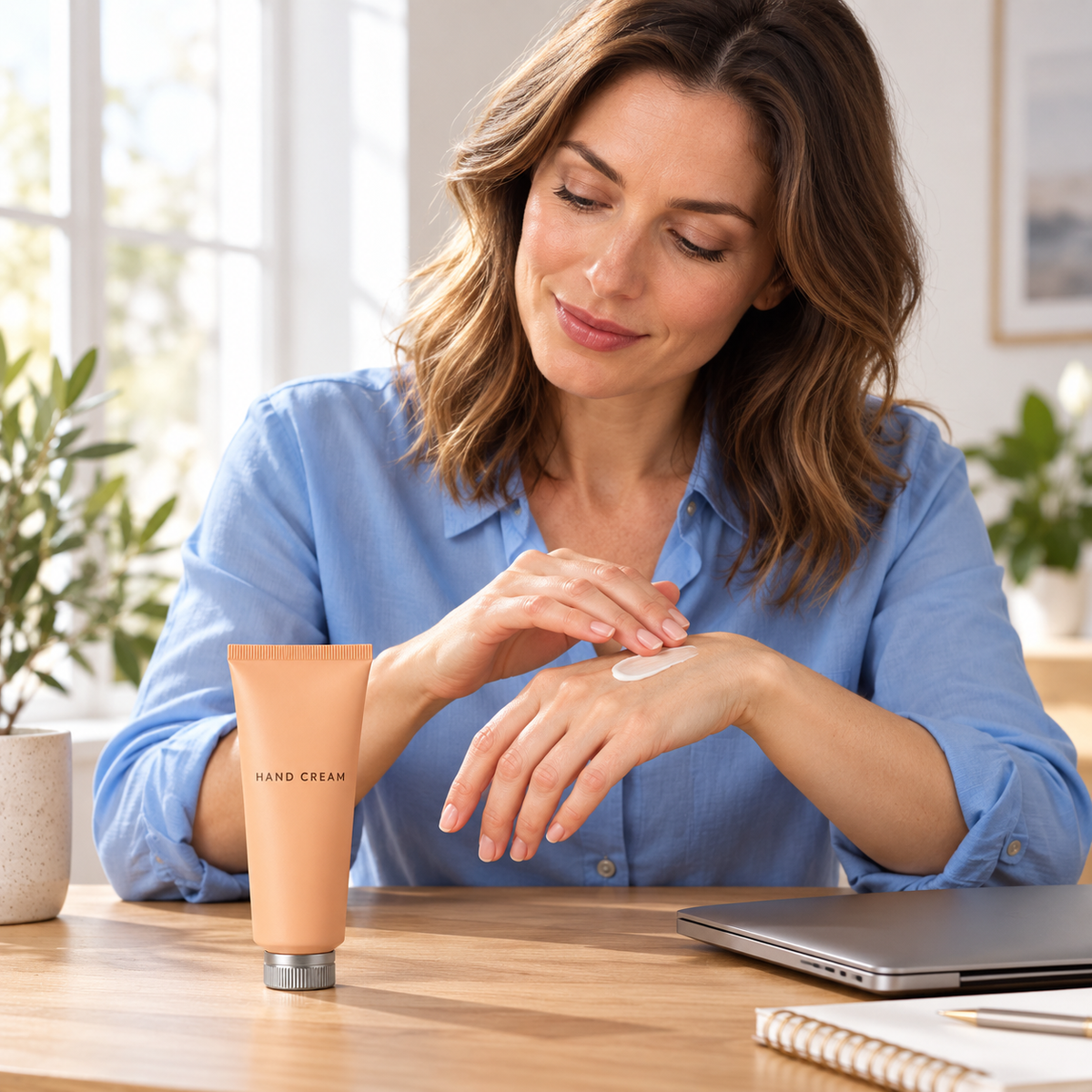 AI-generated adult model applying hand cream at desk