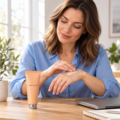 AI-generated adult model applying hand cream at desk