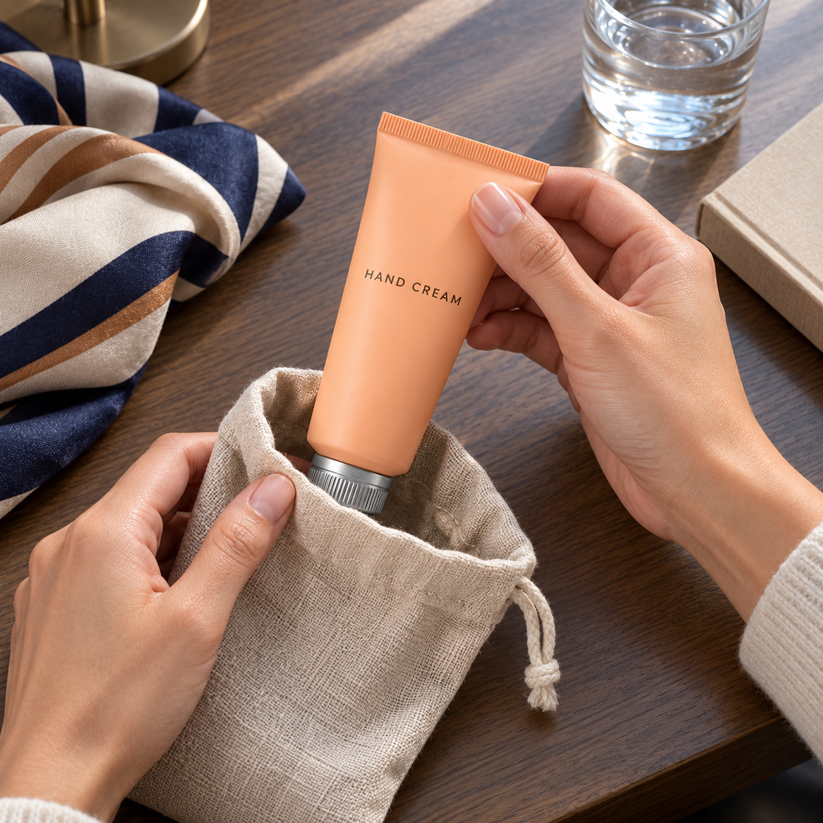 Hand cream travel routine with linen pouch