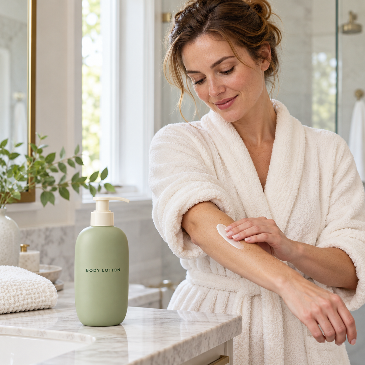 AI-generated adult model applying lotion to forearm