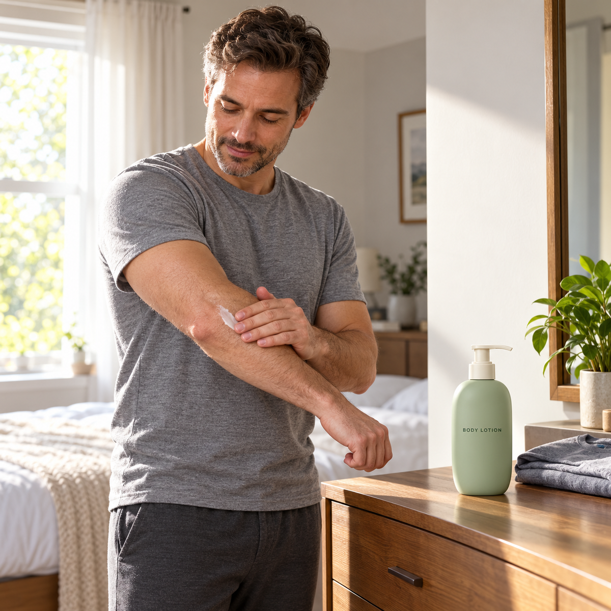 AI-generated adult model during morning arm care
